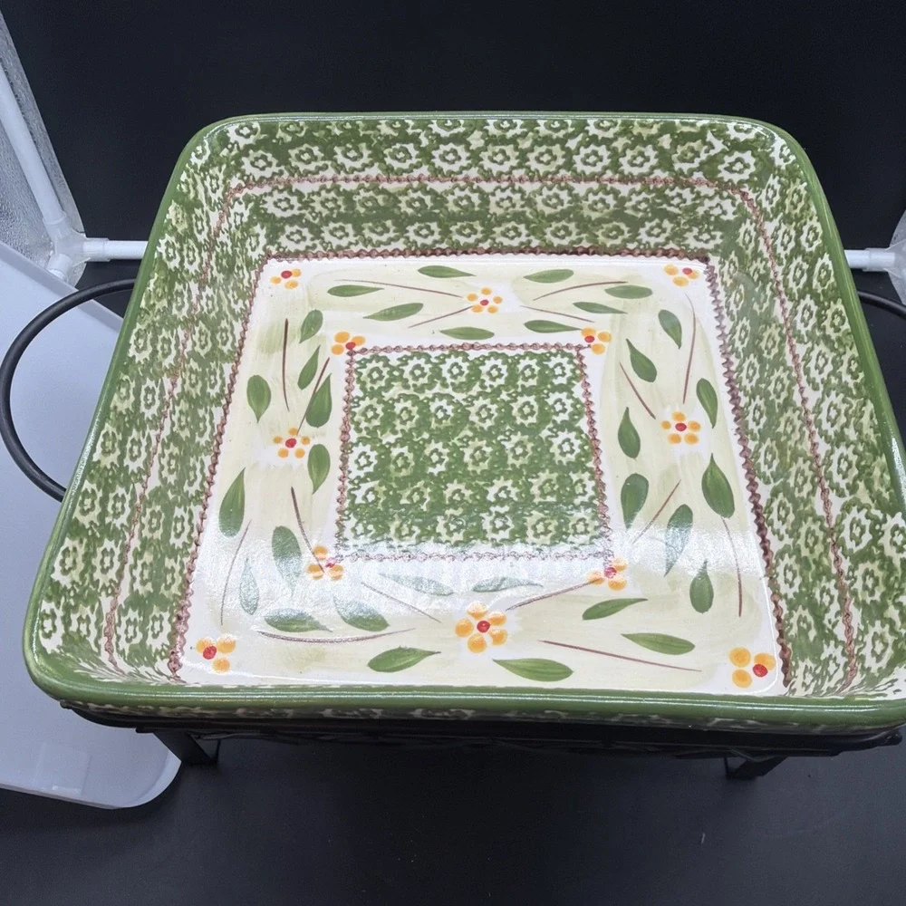 Temptations by Tara Old World Green 2 qt Square Casserole, Lid, Stand